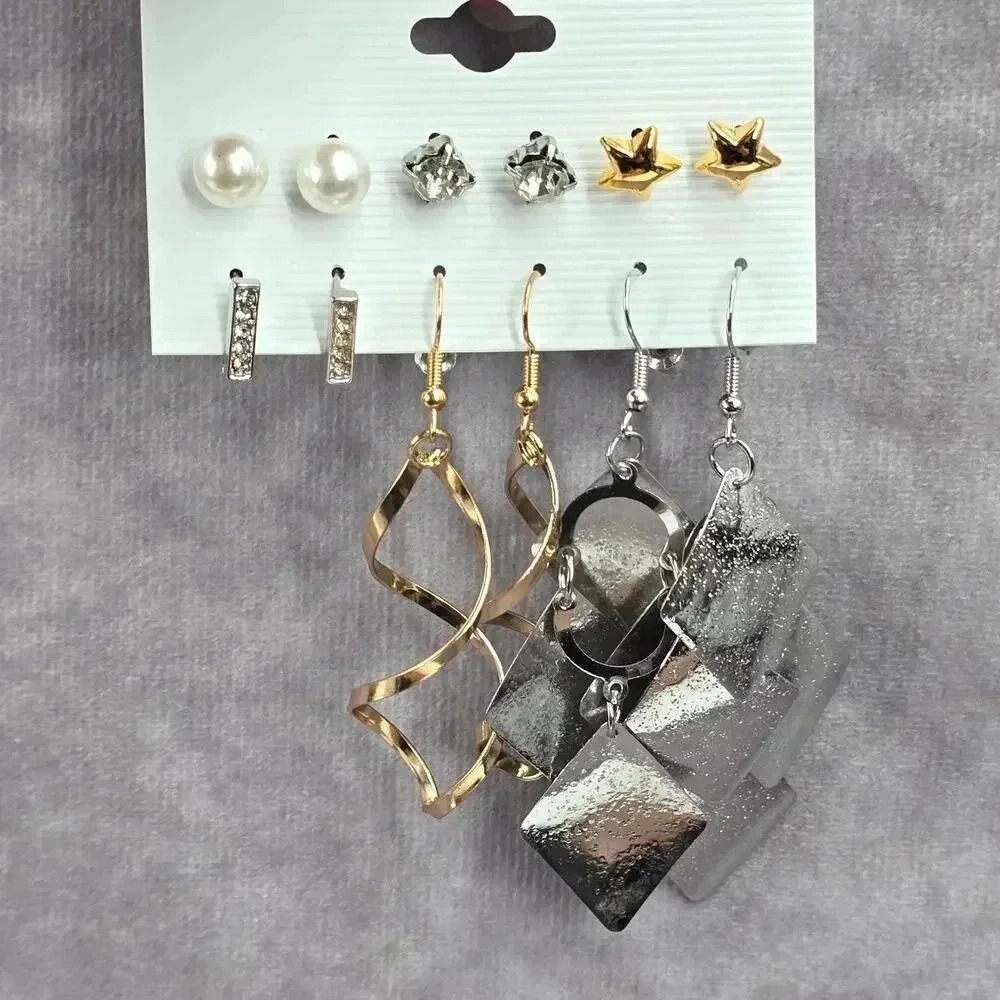 Silver Star Dangle Hoop Stud Set of Six Boho Bundle Earring Fashion Jewelry‎